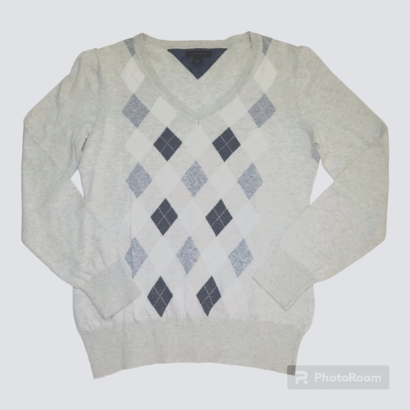 Tommy Hilfiger light grey argyle cotton fine knit vneck pullover ❤️ - Picture 6 of 6